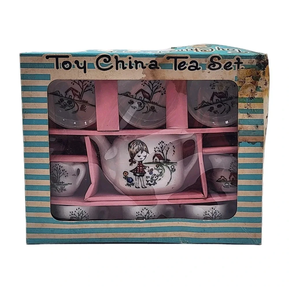 Vintage 1960s Childs Mini China Tea Set Complete Girl w Dog Print Original Box - Picture 1 of 10